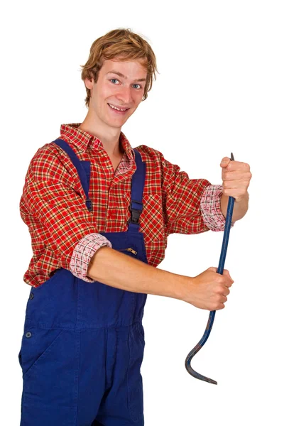 Young Man Overalls Holding Crowbar Isolated — Stock Photo, Image