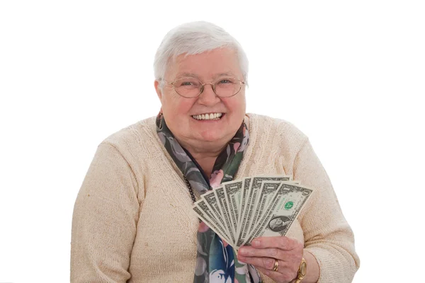 Ανώτερος γυναίκα με δολάρια - οριζόντια μορφή — Φωτογραφία Αρχείου