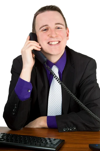 Mladý Muž Mluví Telefonu Stolu Izolovaný — Stock fotografie