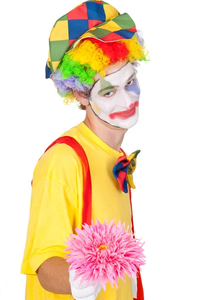 Ung Man Clown Kostym Innehar Rosa Blomma Isolerade — Stockfoto