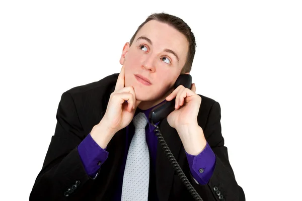 Mladý Muž Odrážející Telefonu Izolované Bílém — Stock fotografie