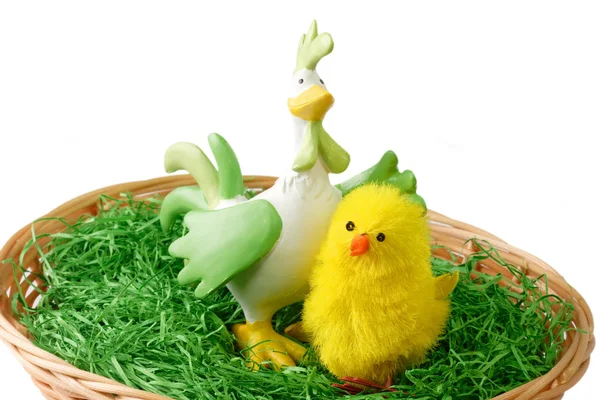 Figurine Cock Toy Chick Basket Isolated White — Stock Photo, Image