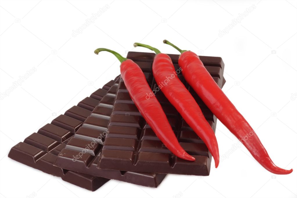 Chocolate with chilies - isolated on white background