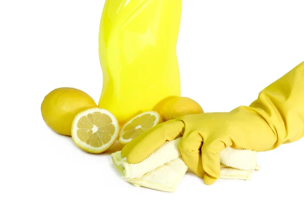 Uma garrafa amarela de limpeza doméstica — Fotografia de Stock