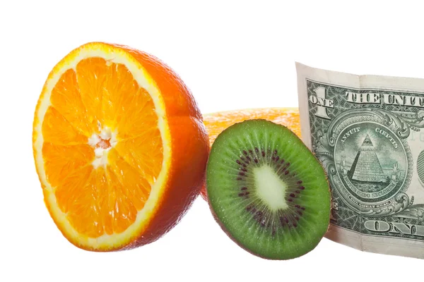 Gyümölcsök és egy dollár — Stock Fotó