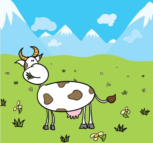 Sorrindo Vaca Bonita Comendo Uma Grama Pasto Alpino — Vetor de Stock