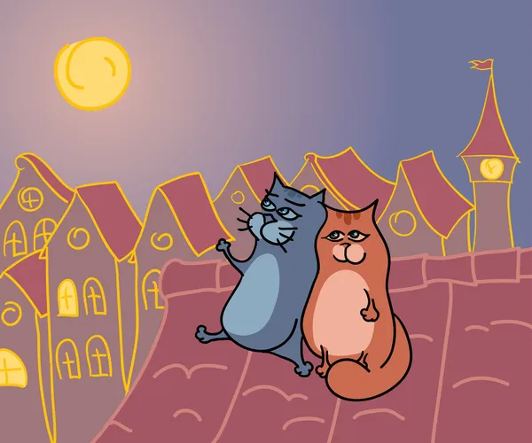 Encontro Gatos Romântico Telhado Noite —  Vetores de Stock