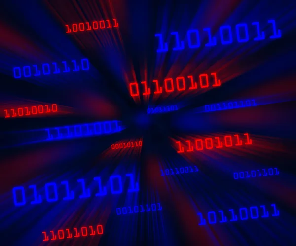 Tilted red and blue bytes of binary code flying through a vortex — Stock Photo, Image
