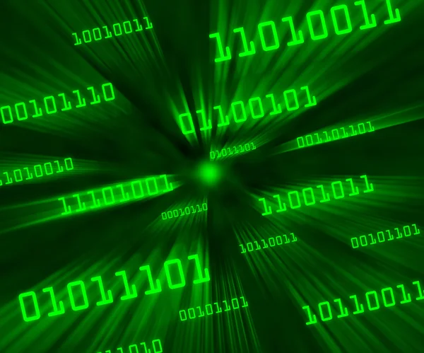 Bytes inclinados verdes de código binário voando através de um vórtice — Fotografia de Stock