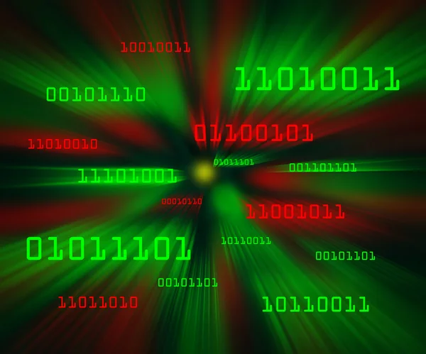 Bytes rojos y verdes de código binario volando a través de un vórtice — Foto de Stock