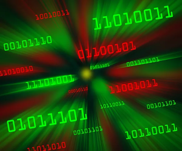 Bytes vermelhos e verdes inclinados de código binário voando através de um vórtice — Fotografia de Stock