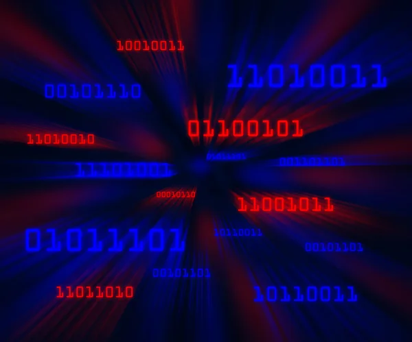 Bytes vermelhos e azuis de código binário voando através de um vórtice — Fotografia de Stock