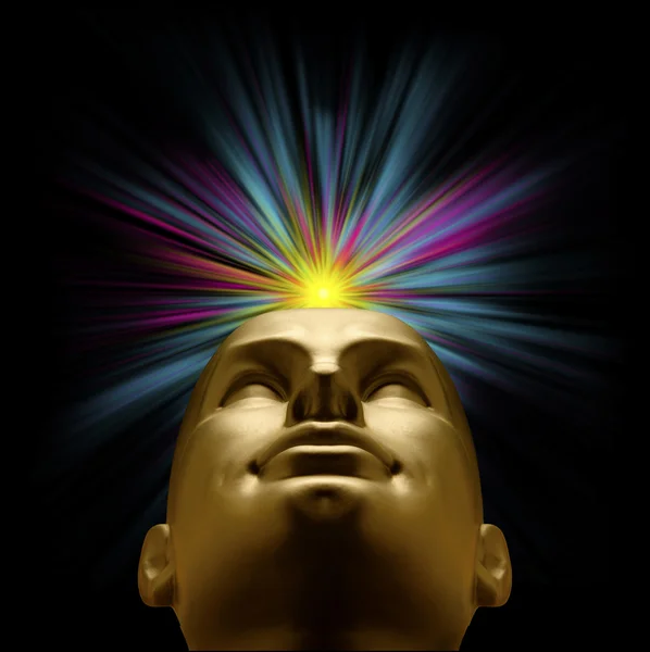 Golden mannequin head with an explosion of pastel light above — Stock Photo, Image