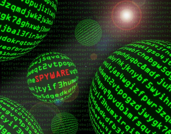 Spyware Onder Bollen Van Groene Machine Code Met Lens Flare — Stockfoto