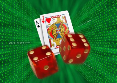 Playing cards & red dice flying across walls of binary code clipart