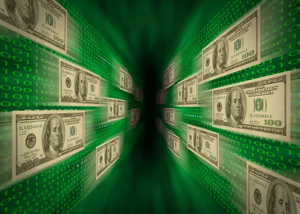 100 bills flying through a green vortex, with walls of binary c — Stock Photo, Image