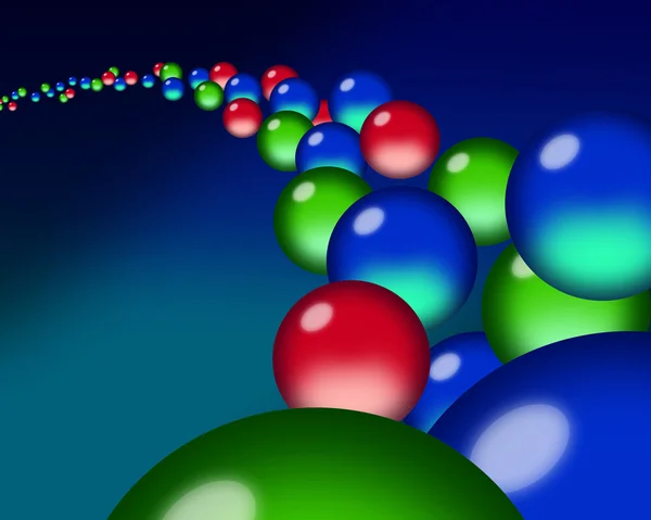 Een stroom van doorschijnende rode, groene & blauwe orb druppels — Stockfoto