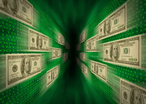 100 λογαριασμούς που φέρουν μέσα από μια Πράσινη δίνη, με τοίχους από δυαδικό c Φωτογραφία Αρχείου