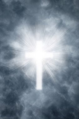 Religious cross shining through clouds clipart