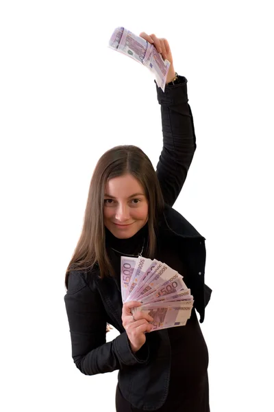 stock image A girl holding a fan of money.