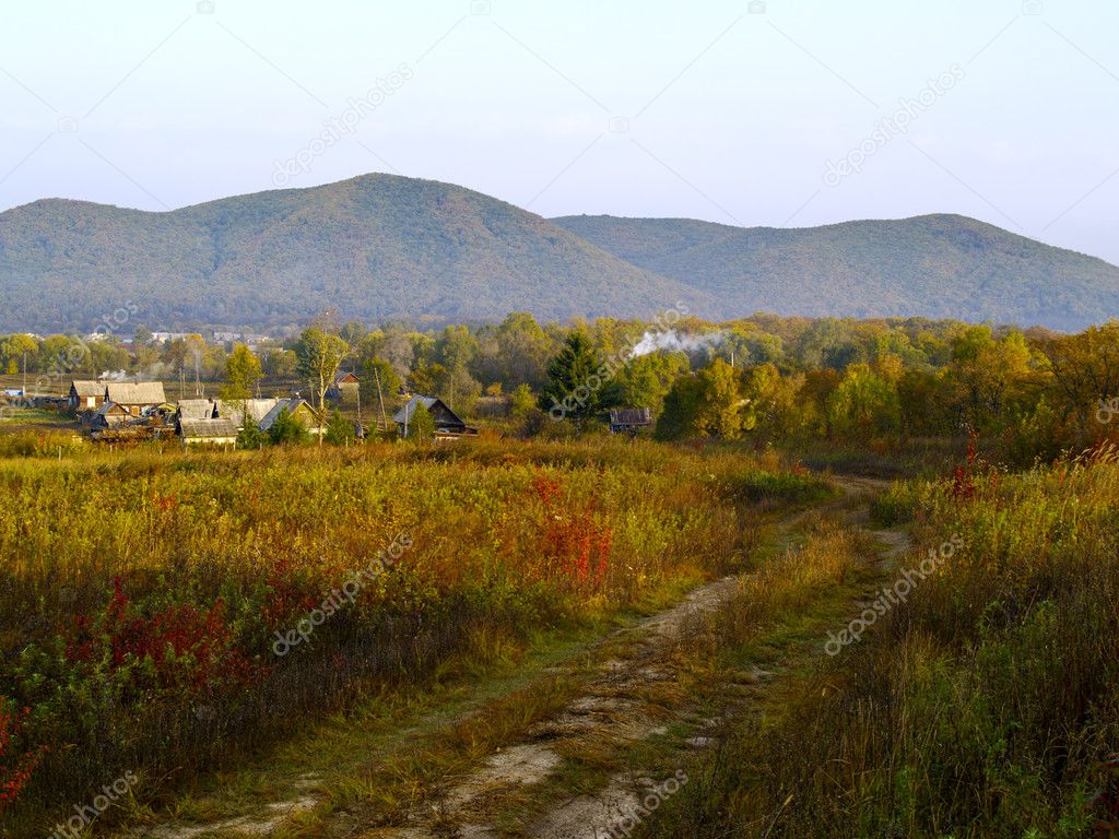 Autumn morning of village on the brink
