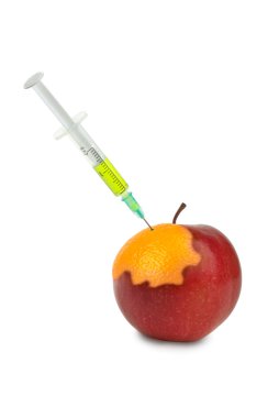 GMO: apple being mutated into the orange after injection of unknown green l clipart