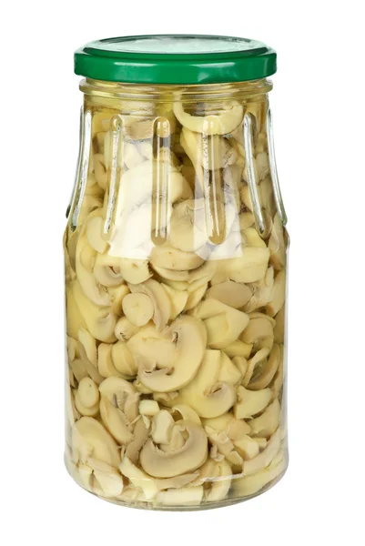 Glass jar with marinated white mushrooms — Stock Photo, Image