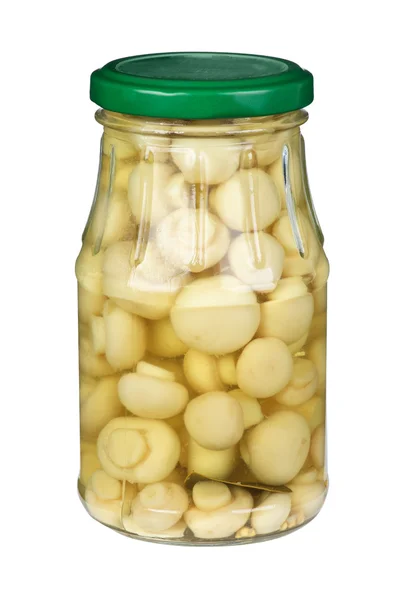 Glass jar with marinated white mushrooms — Stock Photo, Image