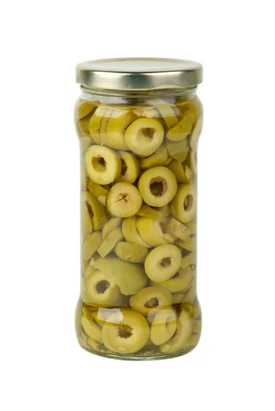 Vaso Vetro Con Olive Verdi Tagliate Fette Isolato Sullo Sfondo — Foto Stock