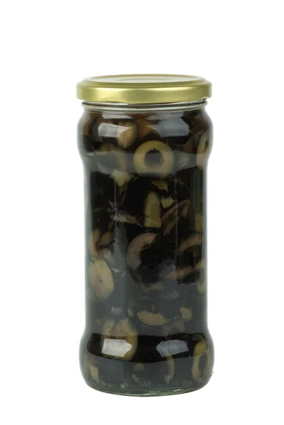 Glass jar with sliced black olives — Stock Photo, Image