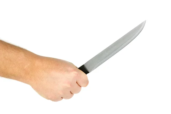 Hand Som Håller Kniven Isolerat Den Vita Bakgrunden — Stockfoto