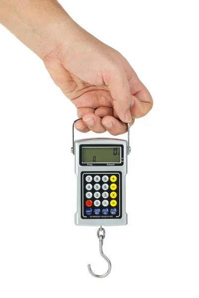 Hand hold digital fishhook scales — Stock Photo, Image