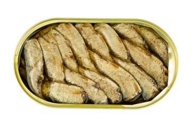 Opened tin can with conserved in oil sprat fish isolated on the white background. View from above clipart