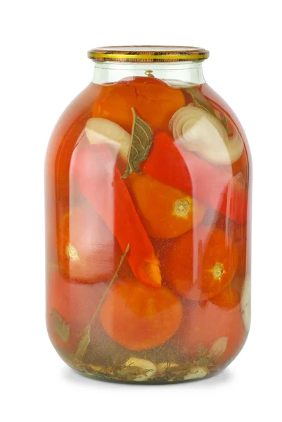 Tarro de vidrio con tomates marinados caseros —  Fotos de Stock