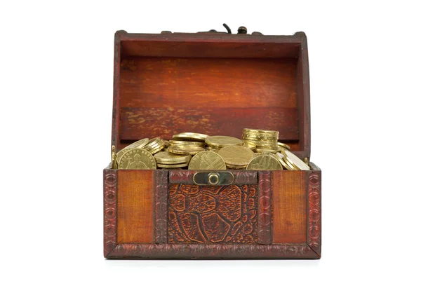 Old wooden chest with golden coins — Stock Photo, Image