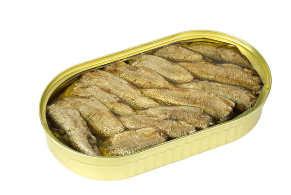 Άνοιξε το κονσερβοκούτι με ψάρια συντηρημένες παπαλίνα (σαρδελόρεγγα) — Φωτογραφία Αρχείου