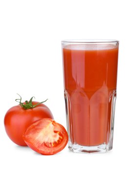 Drinking glass filled with tomato juice and tomatoes near clipart