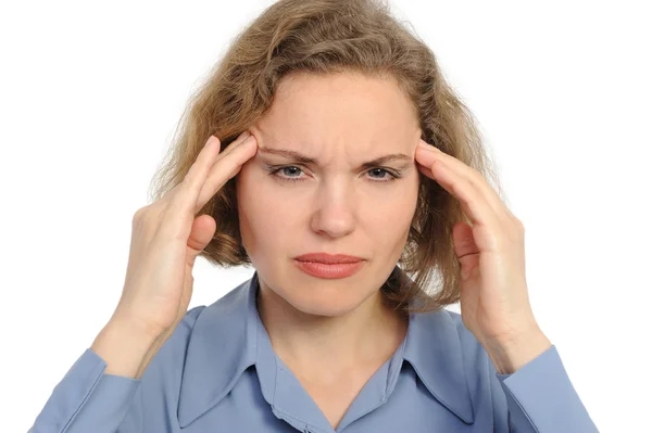 Frau mit starken Kopfschmerzen Stockbild