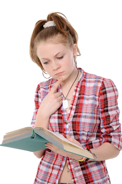 Κορίτσι Που Διαβάζει Βιβλίο Που Απομονώνονται Λευκό Φόντο — Φωτογραφία Αρχείου