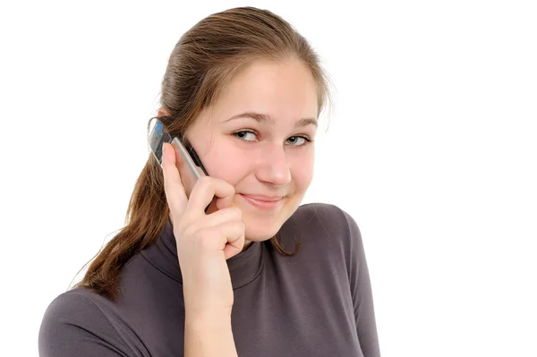 Κορίτσι Ένα Κινητό Τηλέφωνο Λευκό Φόντο — Φωτογραφία Αρχείου