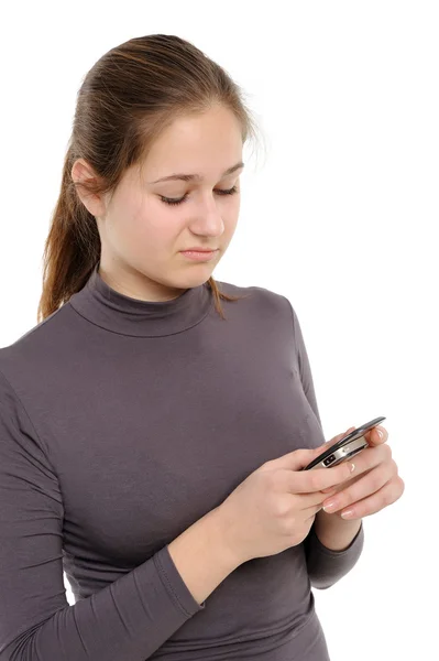 Menina Usando Telefone Celular Fundo Branco — Fotografia de Stock