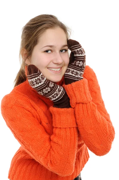 Kış Genç Kadın Beyaz Bir Arka Plan Üzerinde Ayrı Ayrı — Stok fotoğraf