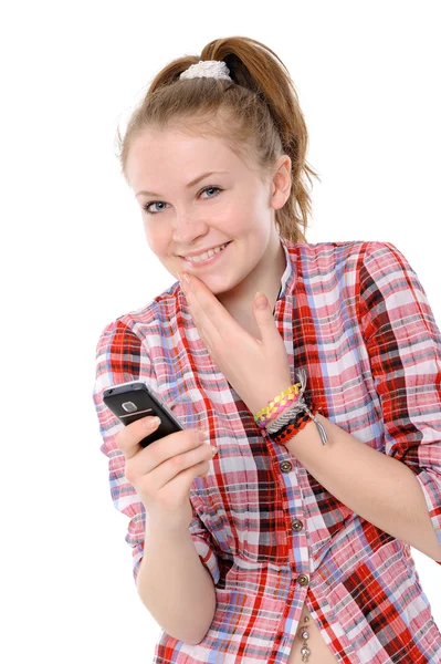 Mädchen Mit Einem Mobiltelefon Auf Weißem Hintergrund — Stockfoto