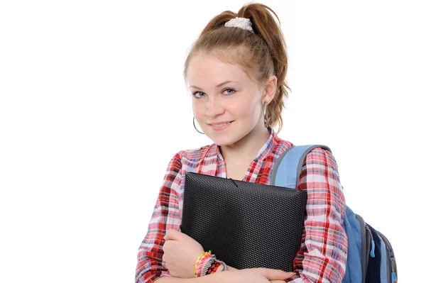 Ung kvinna med en mapp och en ryggsäck; — Stockfoto