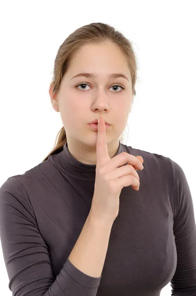 Jovens Mulheres Diz Ssshhh Para Manter Silêncio Fundo Branco — Fotografia de Stock