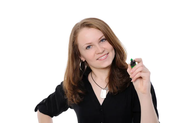 Young Woman Drawing Something Screen Pen Isolated White Background — Stock Photo, Image