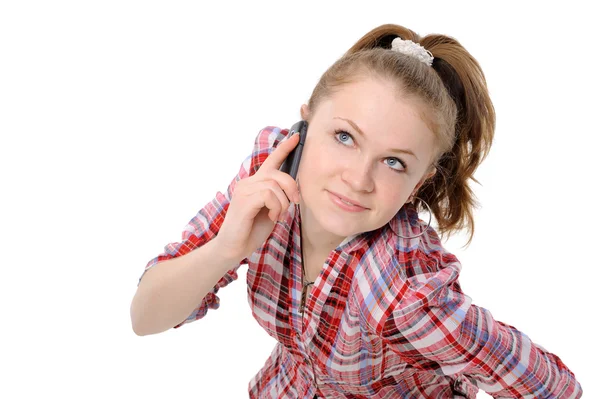 在白色背景上使用移动电话的女孩 — 图库照片