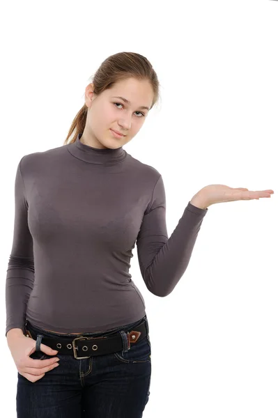 Młoda Kobieta Trzymając Rękę Prezentacji Produktu Białym Tle — Zdjęcie stockowe