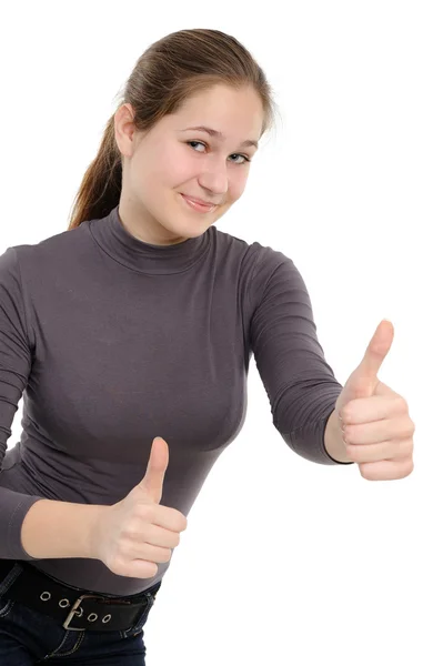Success girl exposing greater fingers. — Stock Photo, Image
