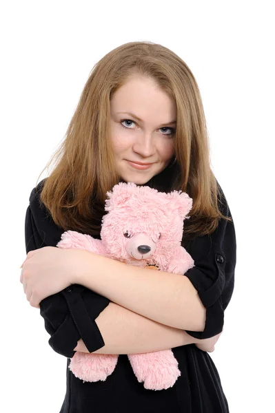 Beautiful Girl Embraces Teddy Bear — Stock Photo, Image